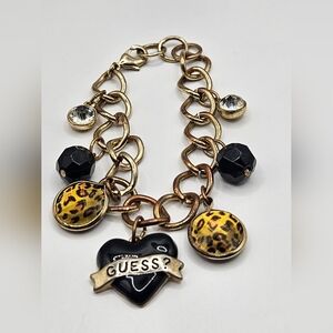 GUESS Gold Tone Charm Bracelet Leopard Heart Gem Rhinestone Blk Bead Adjustable
